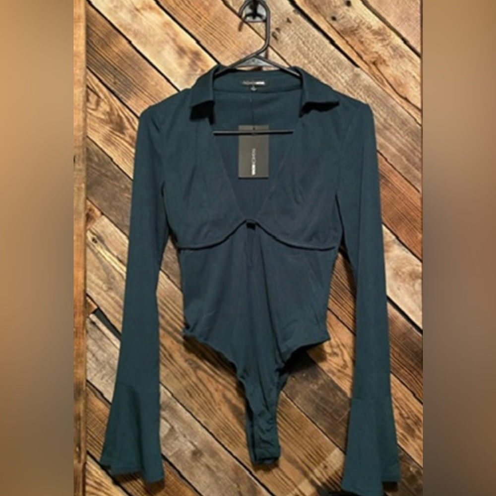 Dark Green/Long Sleeve/Deep V Neck/Flared Sleeves/Ribbed Bodysuit